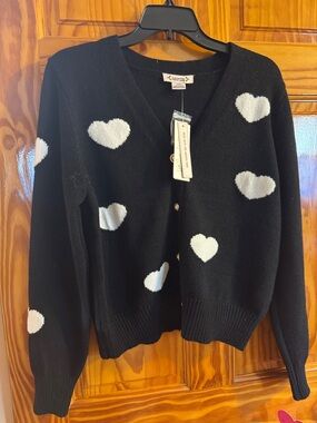 Nanette Lepore Black Cardigan with White Heart Appliqués